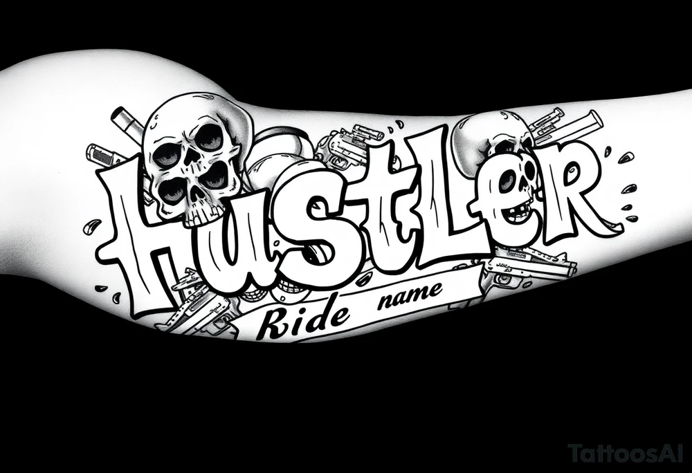The word "hustler" with dead skulls Hispanic cholas drugs and guns with abstract shades and the name Candice in it with the phrase ride or die filling up a part tattoo idea