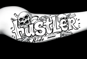 The word "hustler" with dead skulls Hispanic cholas drugs and guns with abstract shades and the name Candice in it with the phrase ride or die filling up a part tattoo idea