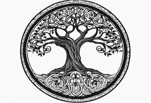 Circular tree of life with the letter D shown 3 times tattoo idea