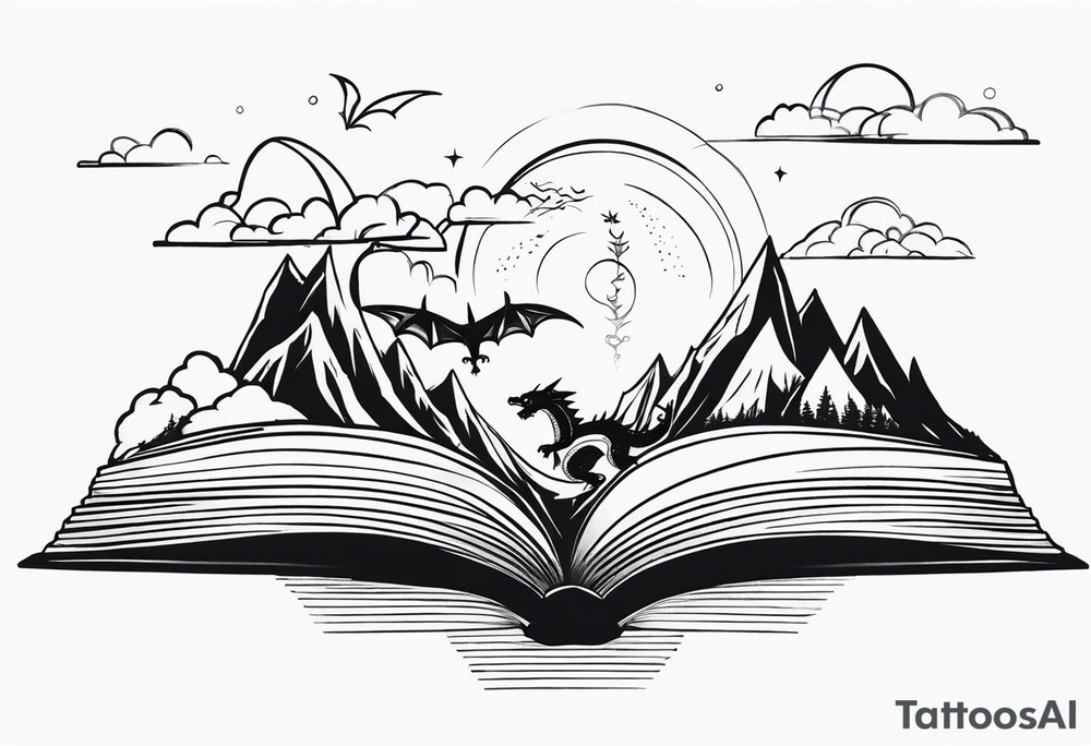 An open magic book. a tiny dragon with four legs flying in the sky. three mountains coming out of the book tattoo idea