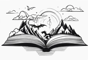 An open magic book. a tiny dragon with four legs flying in the sky. three mountains coming out of the book tattoo idea