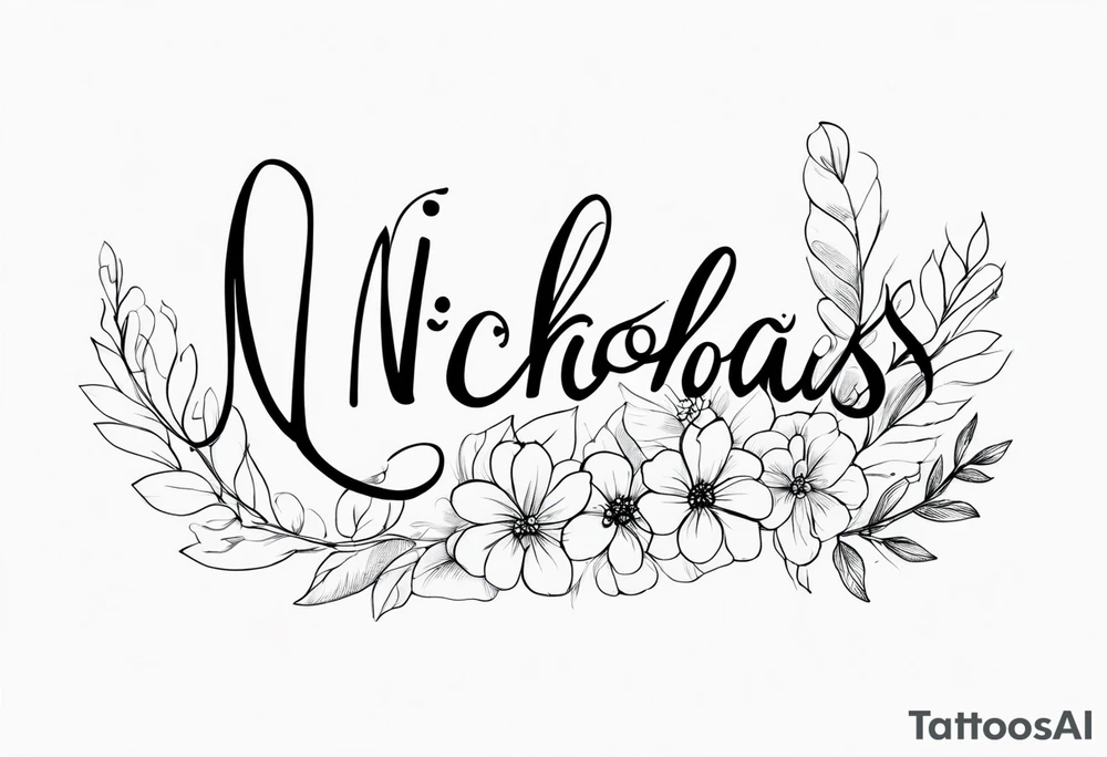 Nicholas written in cursive with flowers tattoo idea