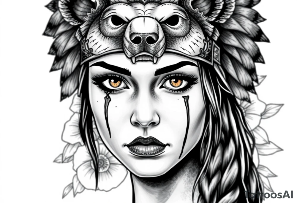 Young Symmetrical Beautiful Woman, looking forward, with colored eyes, shedding a tear, with battle scars and blood on face, with soft look, wearing a mean looking bear headdress on head, with flower background tattoo idea