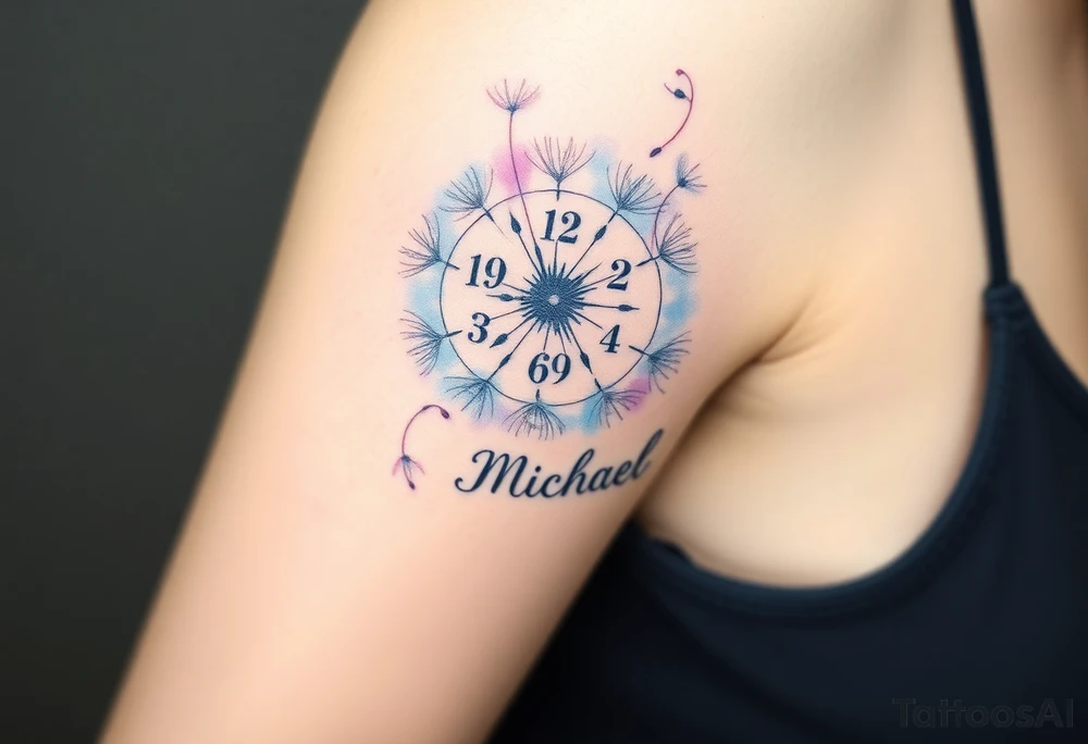 A watercolor-styled dandelion with seeds transforming into clock numbers 13. 07. 2019 and name "Michael", representing fleeting time and new beginnings, in pastel blues and purples tattoo idea