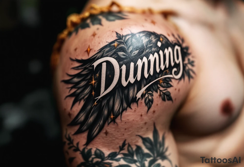Dunning, Details include on left arm, name in white color,angel wing, rain drop jungles leaves,cool font, gold highlights tattoo idea