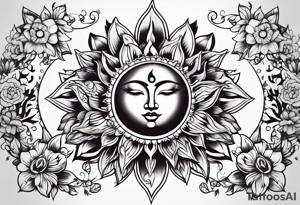 sun moon floral tattoo idea