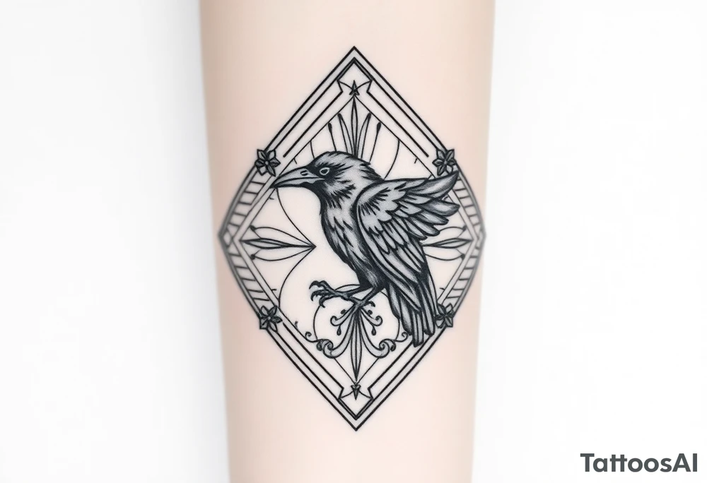 12 inch in length Geometric diamond with lines and designs going around with a big detailed crow in center with a lot of shading tattoo idea