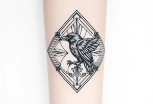 12 inch in length Geometric diamond with lines and designs going around with a big detailed crow in center with a lot of shading tattoo idea