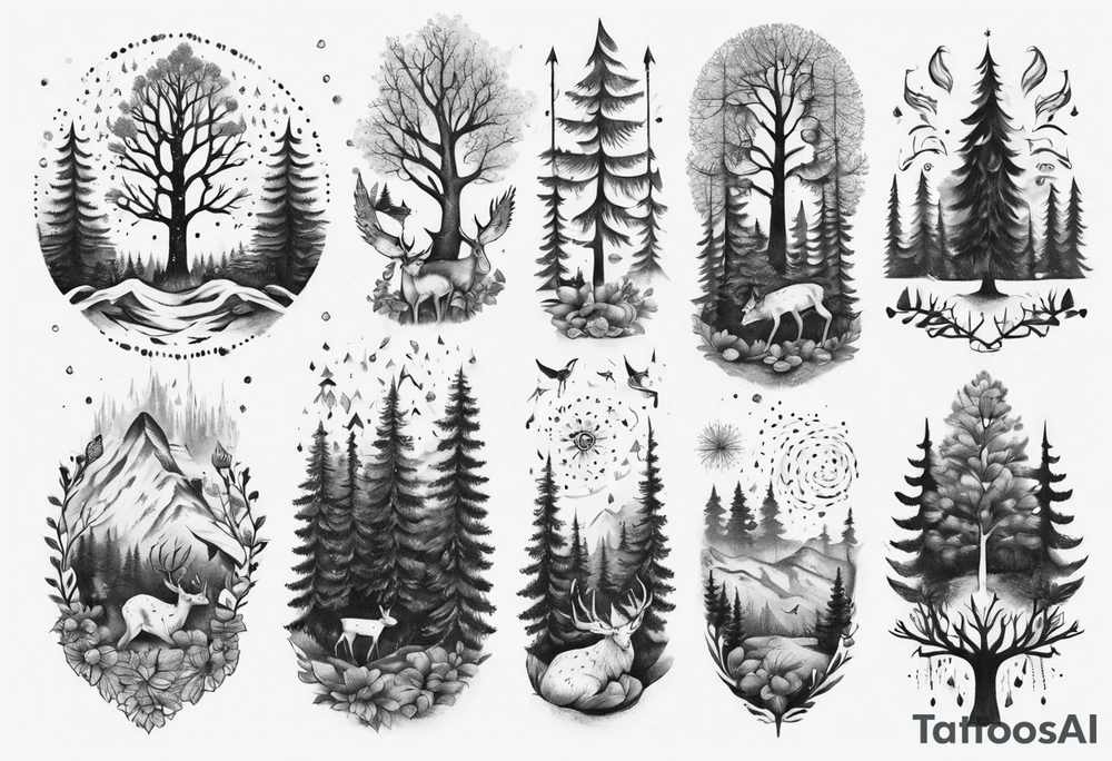 Full arm and sleeve, Nordic, forest,  presence, dear tattoo idea