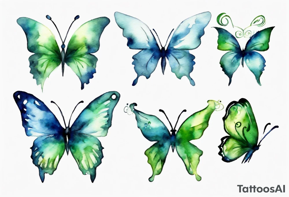 4 small blue and green butterflies tattoo idea