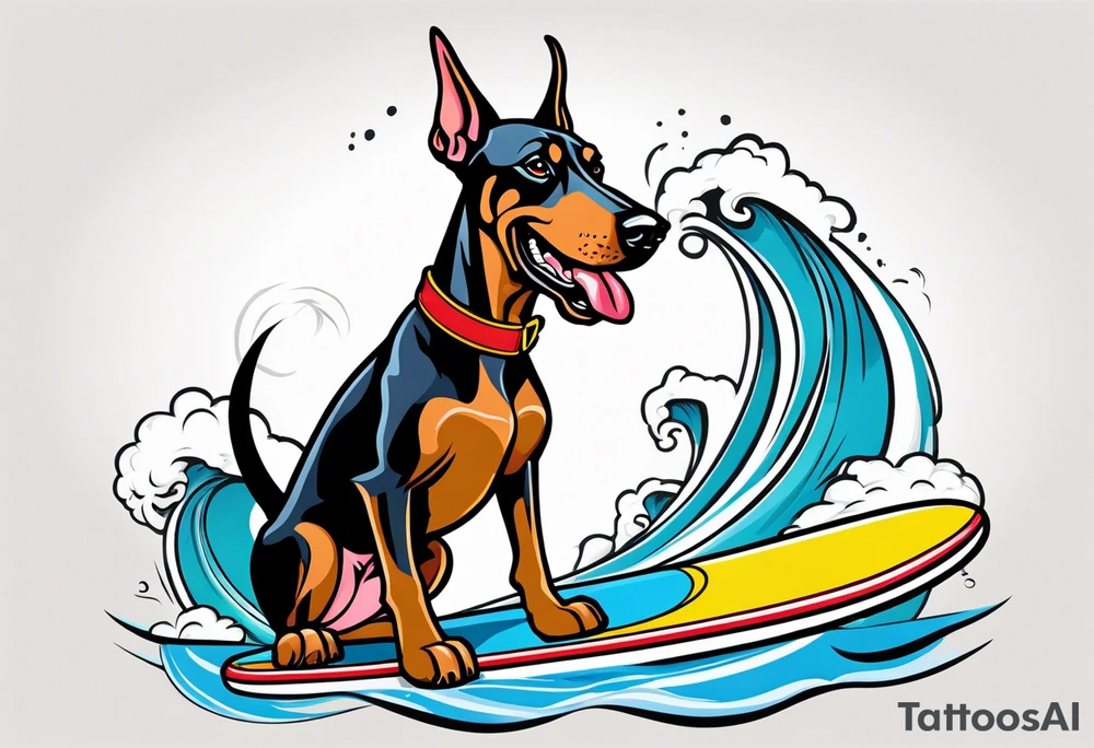 doberman smoking a cigar on a surfboard tattoo idea