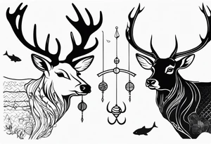 stag and fish with fishhook tattoo idea