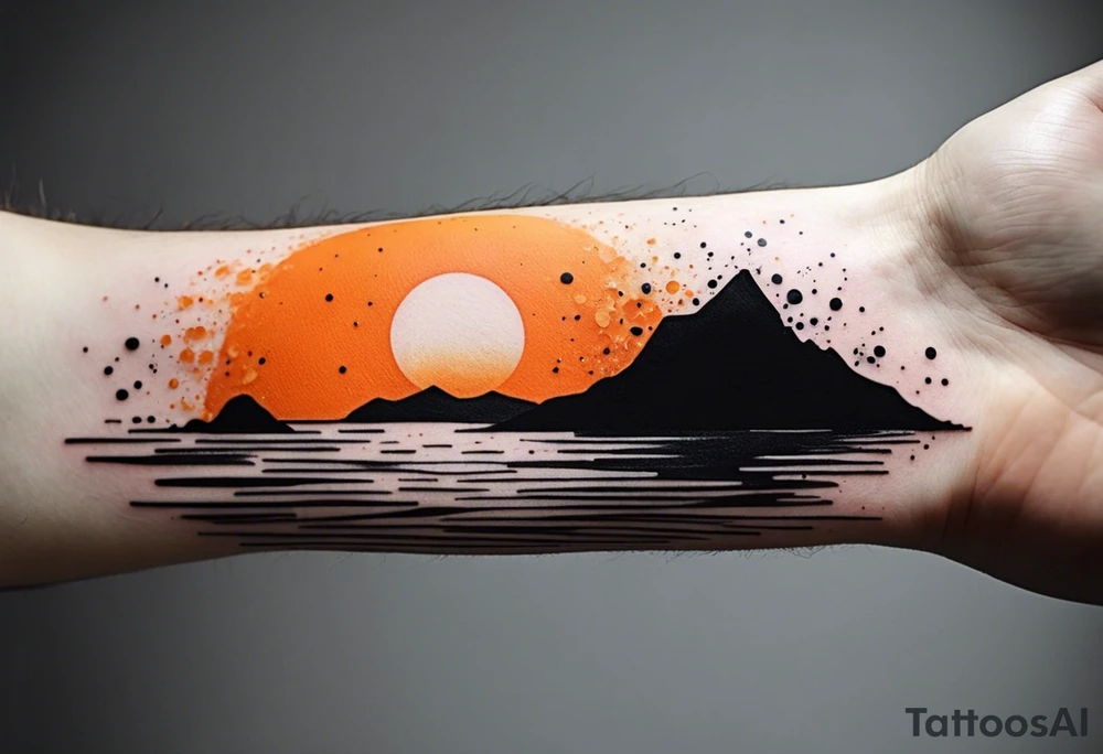 This is an extremely simple and minimalistic tattoo on male forearm. It is black and white with minuscule splashes of orange from the sun. The tattoo 4 inches wide by 2 inches tall. I is NOT a circle. From the perspective of being on the ocean, Water is calm, with no waves in sight, the sun is setting behind the ocean, reflecting light onto the ocean. tattoo idea