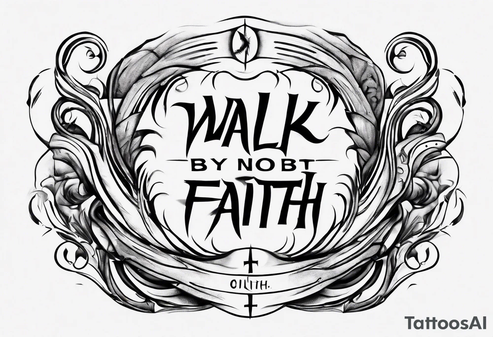 Horizontal inner bicep tattoo. “walk by faith, not by sight” stairwell wrapping around the quote. This design captures the essence of the journey guided by faith. tattoo idea