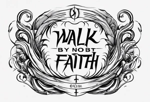 Horizontal inner bicep tattoo. “walk by faith, not by sight” stairwell wrapping around the quote. This design captures the essence of the journey guided by faith. tattoo idea
