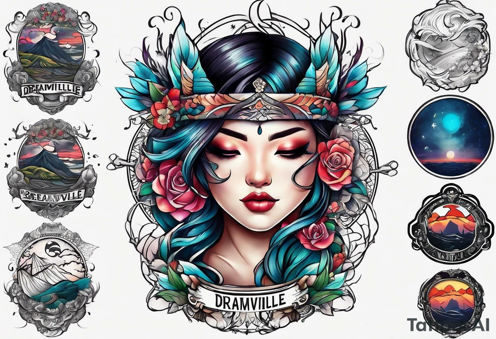 dreamville tattoo with a cross and a nice background tattoo idea