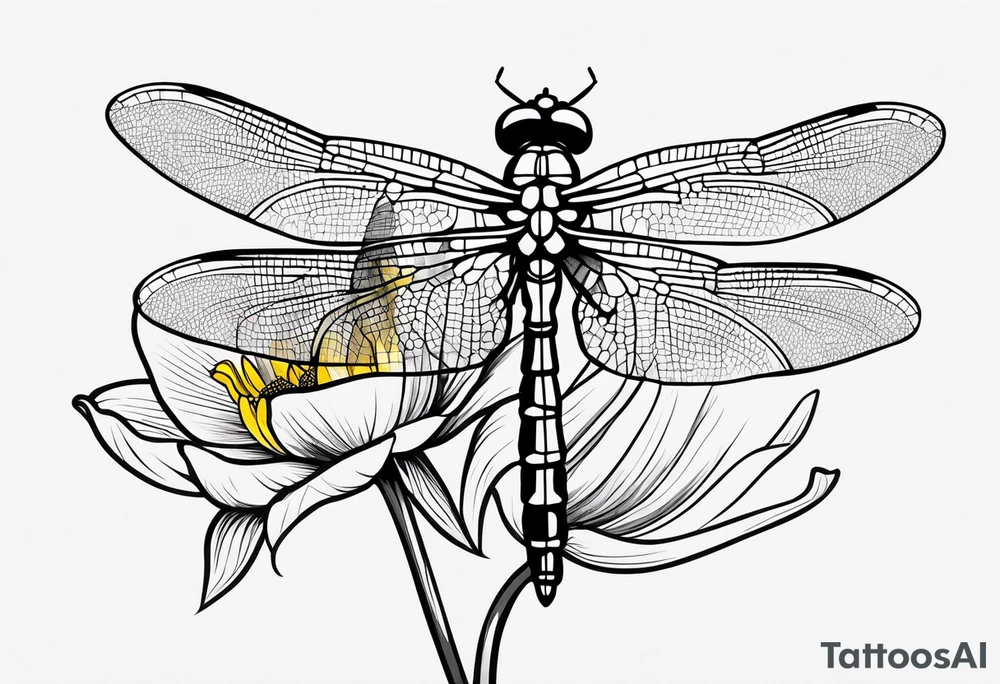 A minimalist dragonfly perched on a daffodil flower. Let the daffodil flower be minmqlist and have yellow lines. Let the stem of the flower extend downwards and instead of the stem write "muadil" in cursive tattoo idea