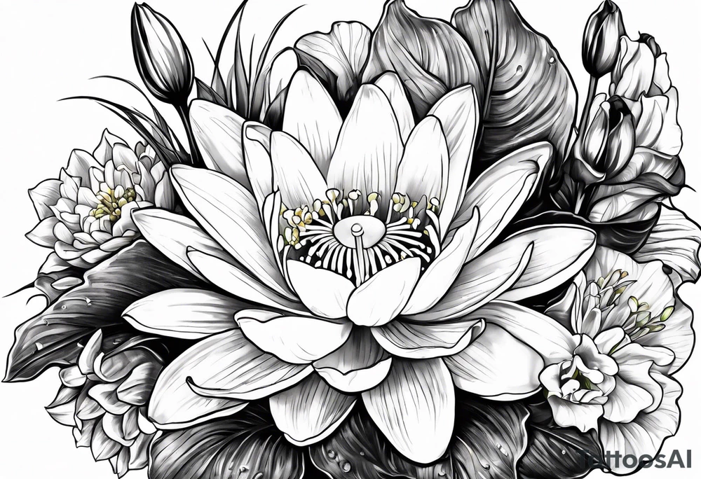 Water Lily, Lily of the Valley, Narcissus, and Gladiolus bouquet for vase tattoo idea