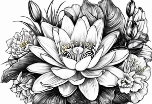 Water Lily, Lily of the Valley, Narcissus, and Gladiolus bouquet for vase tattoo idea