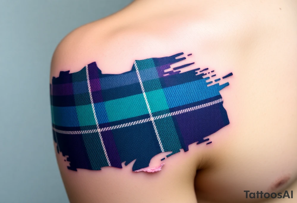 Side of arm Dark Purple with green pink blue and white highlights tartan fabric with skin peeling away at edges tattoo idea