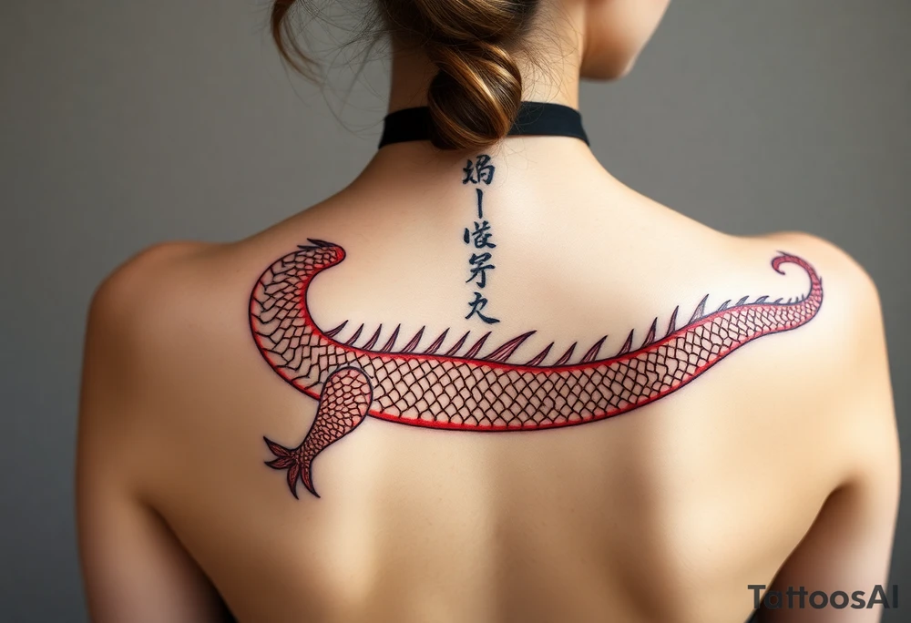 Big long red chinese dragon along spine tattoo idea