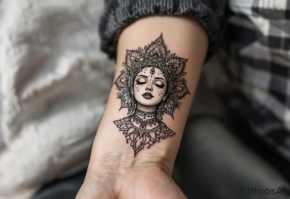 beautiful woman dmt deity with mandala behind head tattoo idea