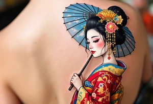 A traditional geisha in a vibrant red and gold kimono holding a delicate blue parasol. tattoo idea