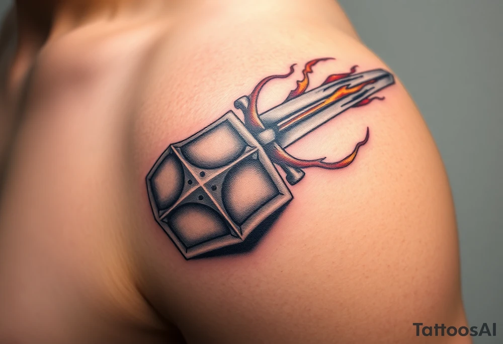 A close-up of a Templar gauntlet gripping a broadsword, with the blade reflecting flames and shadows, symbolizing power and devotion tattoo idea