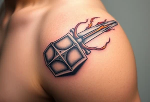 A close-up of a Templar gauntlet gripping a broadsword, with the blade reflecting flames and shadows, symbolizing power and devotion tattoo idea