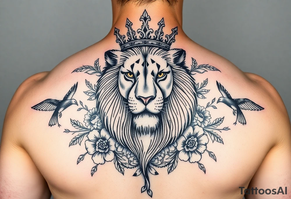 powerful majestic lion with a crown, surrounded by floral ornaments and birds tattoo idea