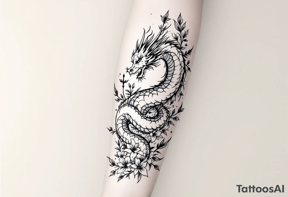 un dragon central entouré de fleurs de lys tattoo idea