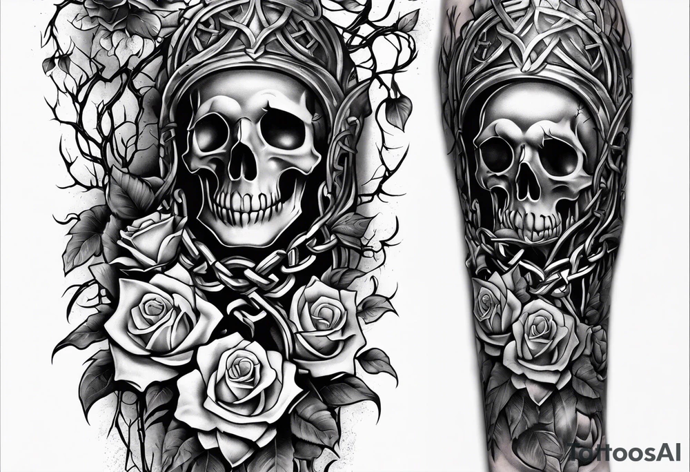 tattoo fool sleeve, old broken gothic castle, broken sword, tree roots break out of the chains, roses tattoo idea