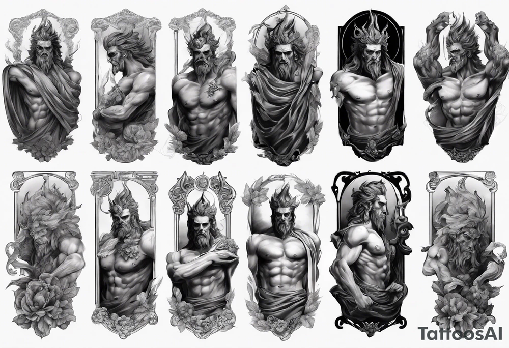 GREEK GOD hades STATUE
ARM SLEEVE 
REALISTIC tattoo idea