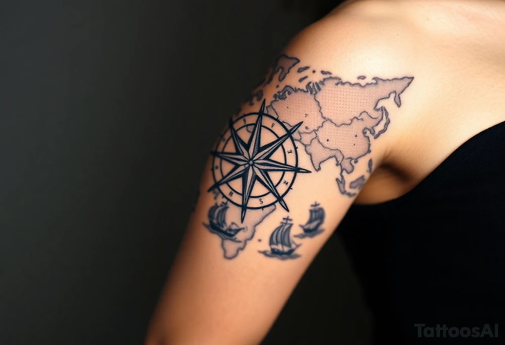 antique compass rose overlaid on weathered world map with sailing ships tattoo idea