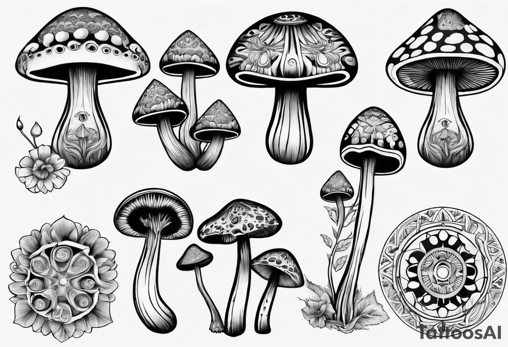 mushrooms out of book, psychedelic, mandala tattoo idea