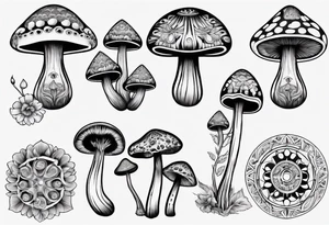 mushrooms out of book, psychedelic, mandala tattoo idea