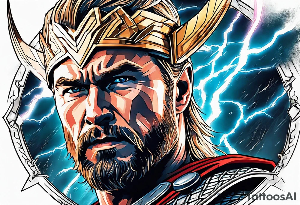 The Mighty Thor that looks like the Chris Hemsworth version with lightning in the background tattoo idea