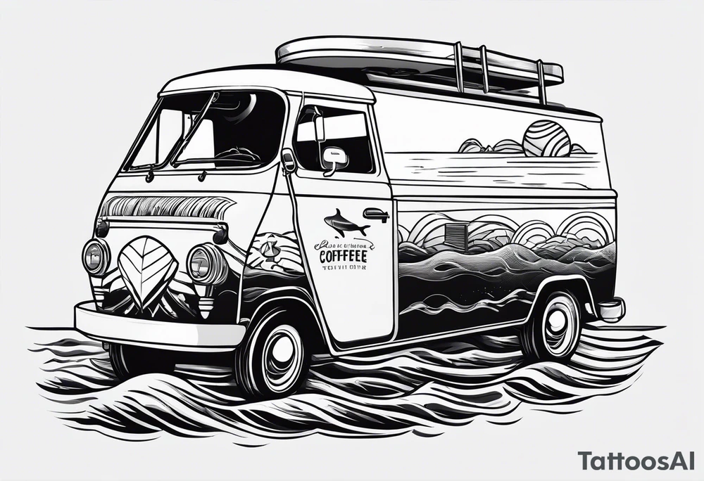 Coffee mug with beach scene on it for coffee truck logo tattoo idea