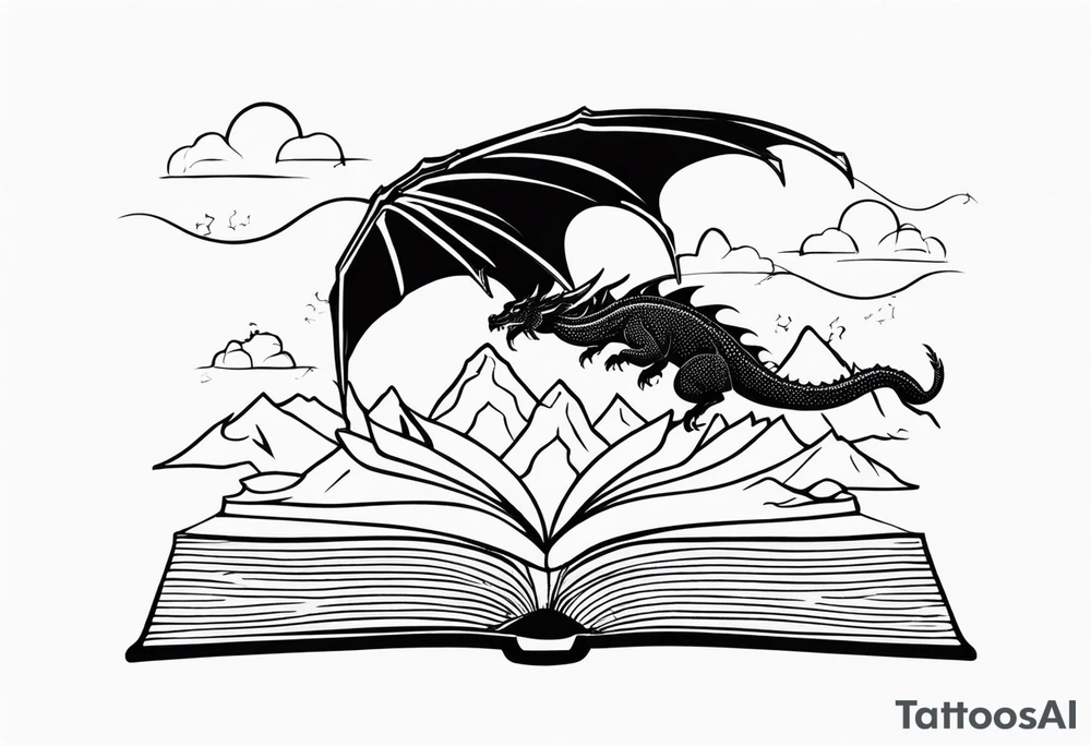 An open magic book fluttering pages. a tiny dragon with four legs flying in the sky. three mountains coming out of the book tattoo idea