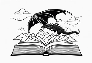 An open magic book fluttering pages. a tiny dragon with four legs flying in the sky. three mountains coming out of the book tattoo idea