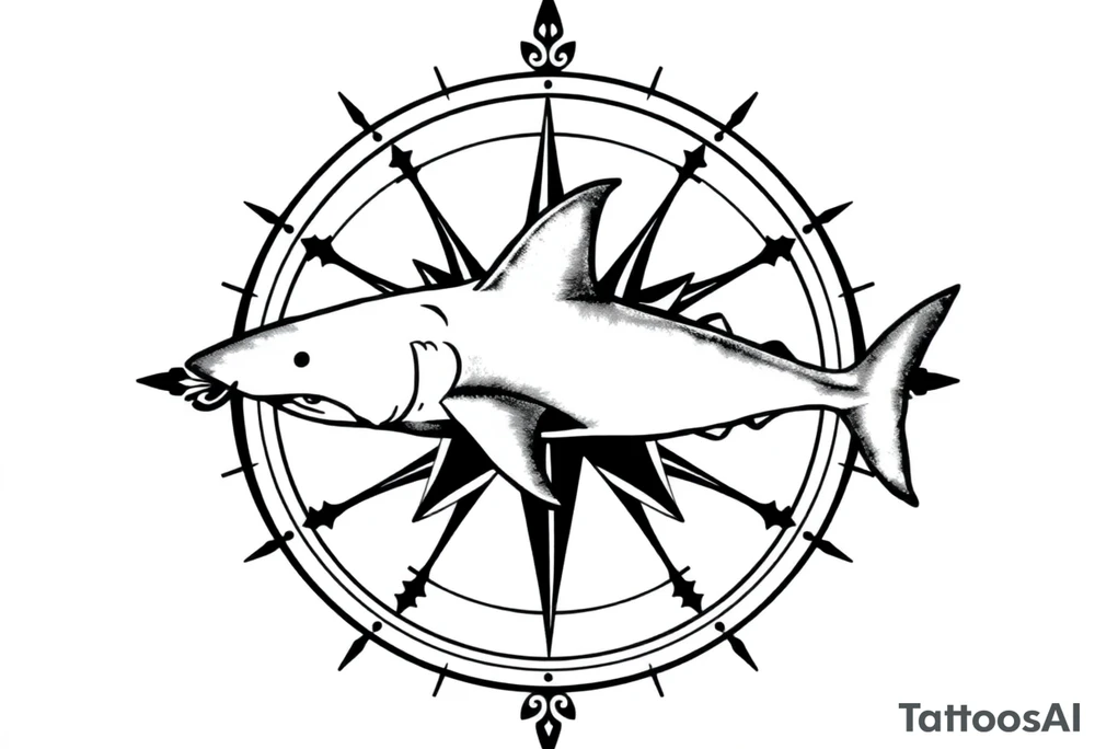 "A top-down view of a shark seamlessly integrated with a compass rose. The shark is seen clearly from above, swimming across or around the compass, with its fins and tail visible in perfect symmetry. The compass features detailed directional lines and ornate engravings, blending naturally with the shark's form. Done in black and grey ink, the style is realistic with subtle dotwork and shading for depth. The design is minimal yet powerful, symbolizing direction, strength, and instinct. Perfect for a shoulder, chest, or forearm tattoo." tattoo idea