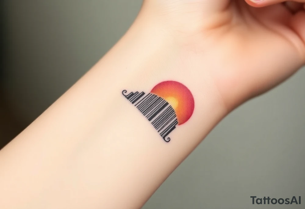 A barcode that transitions into a rising sun in red, orange and pink color tattoo idea