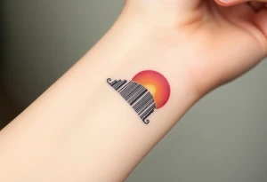 A barcode that transitions into a rising sun in red, orange and pink color tattoo idea