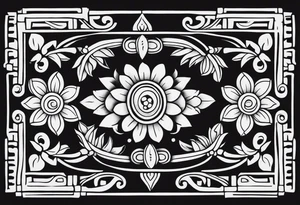 Create a masculine mayan tattoo design carved in stone featuring three flower buds of Gypsophila spp. tattoo idea