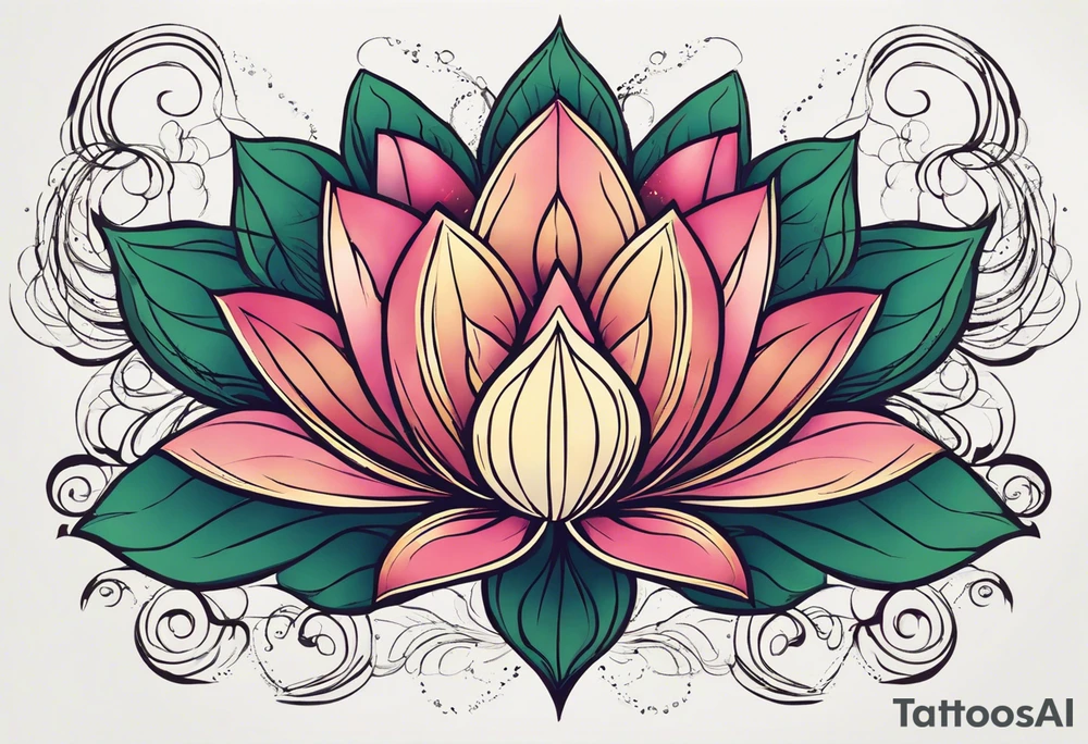 Make a strong and abstract looking lotus flower that will take up the upper left portion of my back. Embedded in the lotus’s leaves should be a rocky area to symbolize strength, a helix to symbolize resiliency and a Greek delta to symbolize transformation. The tattoo should overall represent resiliency and strength and present a strong, firm foundation that displays strength in the face of trauma. The lotus will be the focal point with the other elements naturally included. tattoo idea