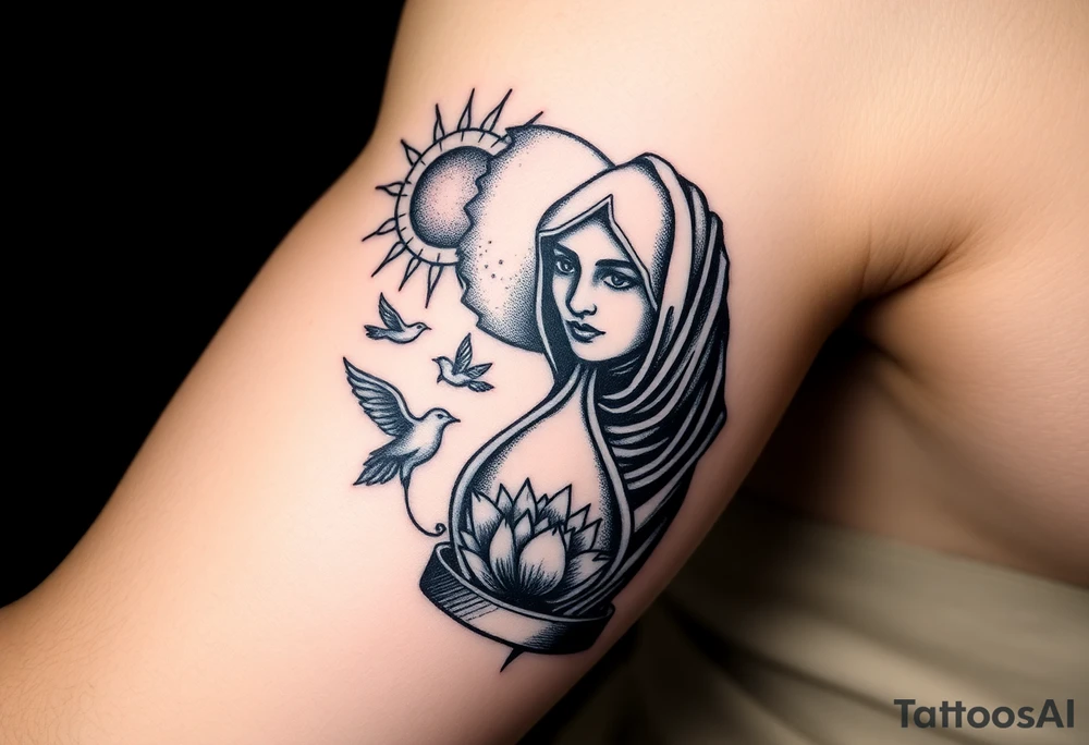 sun and moon embrace with lotus flower in a hour glass that breaks into flying birds and a clock in background with an arab woman with scarf over her face tattoo idea