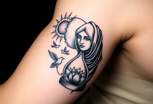 sun and moon embrace with lotus flower in a hour glass that breaks into flying birds and a clock in background with an arab woman with scarf over her face tattoo idea