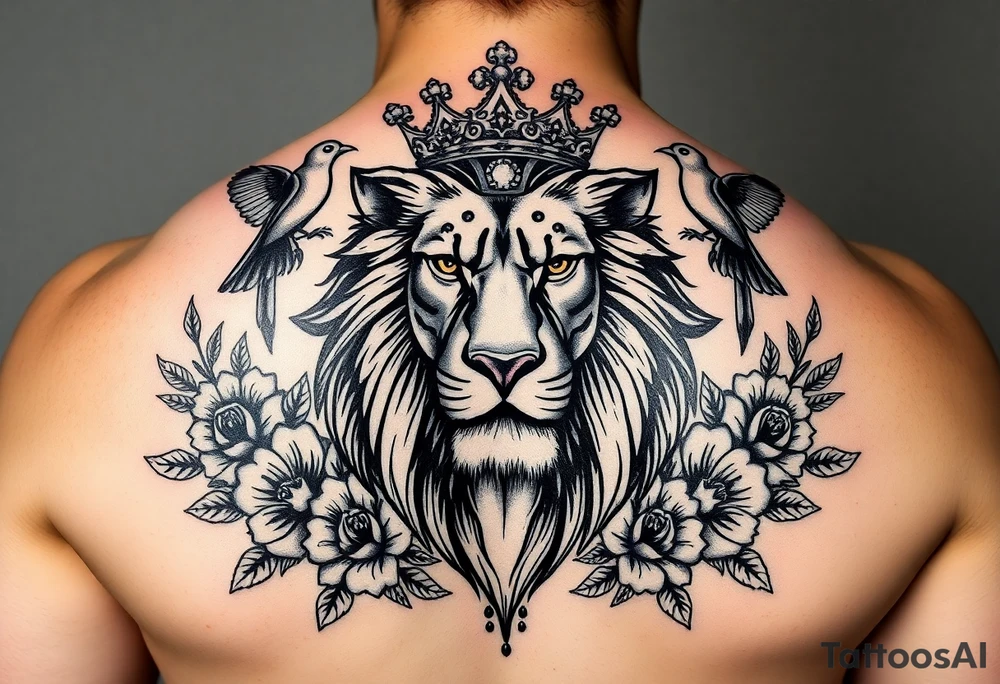 powerful majestic lion with a crown, surrounded by floral ornaments and birds tattoo idea