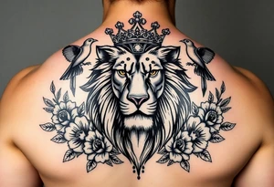 powerful majestic lion with a crown, surrounded by floral ornaments and birds tattoo idea
