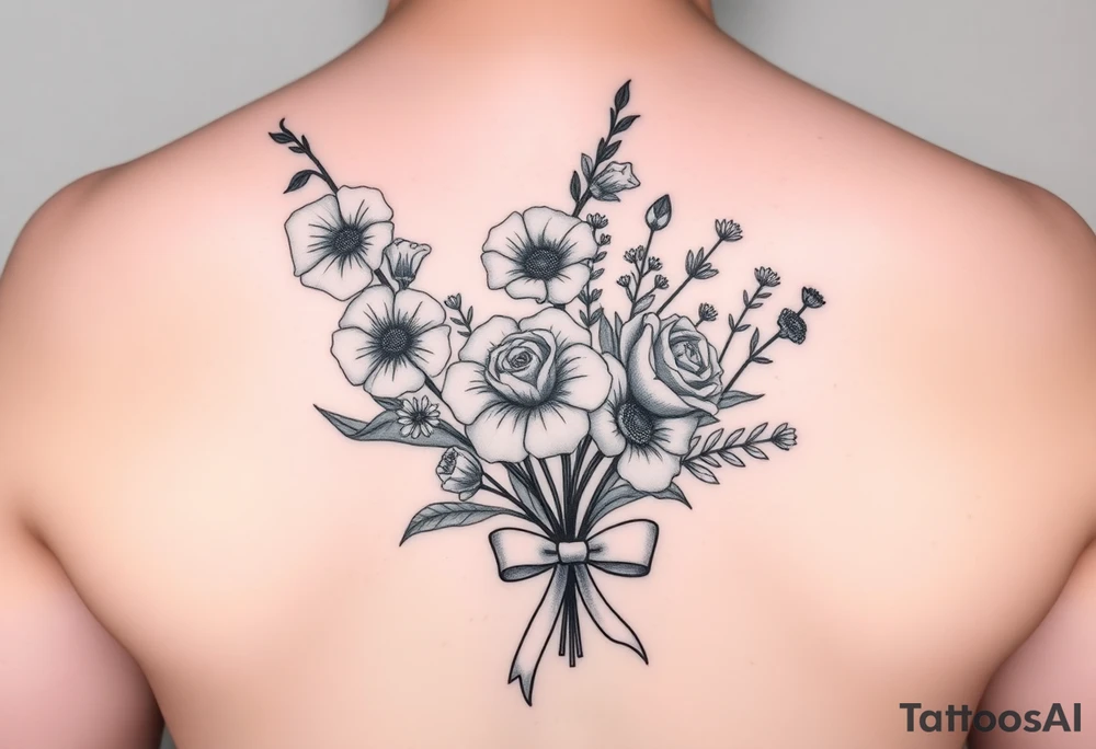 black and white tattoo with a bouquet of hollyhocks, one wild rose, and two wild flowers. Put a full realistic stethoscope along side seperately from the bouquet not touching it. Include three names among the flowers: June Etta Roxy Rosalie. make the bouquet have a ribbon bow towards the bottom holding the flowers like they had just been picked from the garden tattoo idea